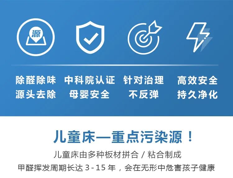除醛除味,源頭去除,中科院認(rèn)證,母嬰安全,針對(duì)治理不反彈,高效安全,持久凈化,兒童床一重點(diǎn)污染源,兒童床由多種板材拼合/粘合制成甲醛揮發(fā)周期長(zhǎng)達(dá)3-15年，會(huì)在無形中危害孩子健康
